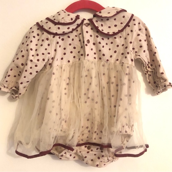 Adorable Mini Olie Burgundy Polka Dot Romper with Collar and Tulle Skirt Layer - Picture 2 of 5